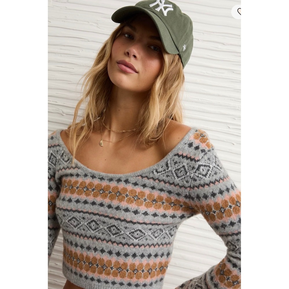 American Eagle Fair Isle Sweater Womens Small Grey New Cropped Scoop Neck Knit